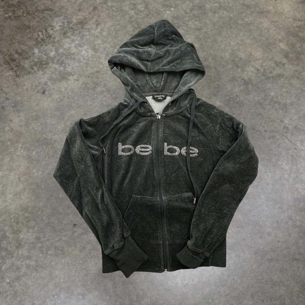 Bebe Vintage Y2K Velour Rhinestone Logo‎ Zip Up Hoodie Charcoal Grey Small